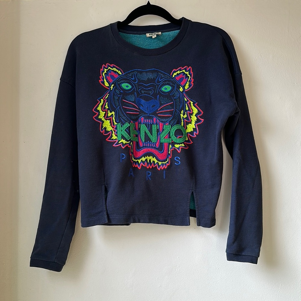 KENZO | cropped navy blue tiger sweater | felt appliqué | S